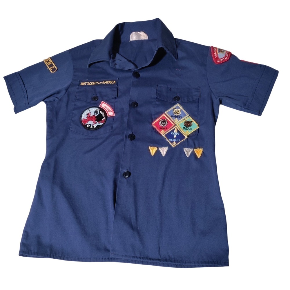 Cub Scouts Shirt w/ Patches Wolf Bear Bobcat Webelos Transatlantic Council Sz 12